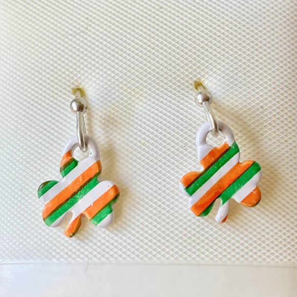 Irish Flag Shamrock Earrings Enamel Green Orange St Patricks Day Celtic Clover - Picture 1 of 7